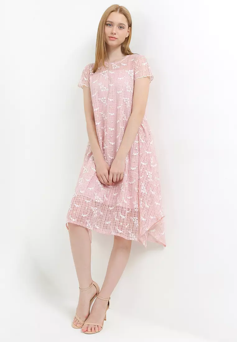 Cap Sleeves Assym Hem Lace Dress