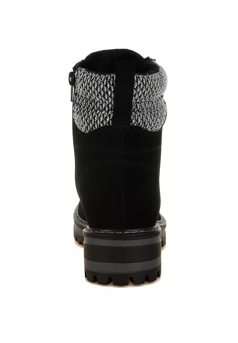 Knitted Collar Zip-Up Hiker Boots in Black