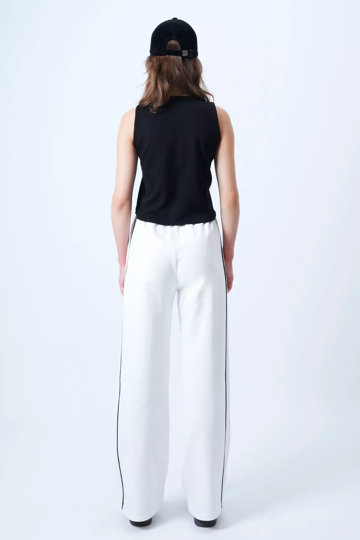 Women'S White Wide Leg Sweatpants With Piping Detail And Elastic Waist Alc-X14611