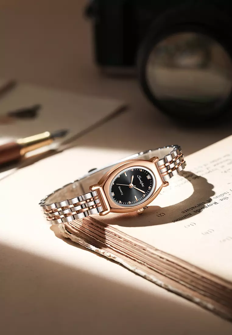 Jam Tangan Wanita Original Oval Korea Elegan Vintage Kuarsa Tali Alloy Jam Tangan CewekA008 rose black