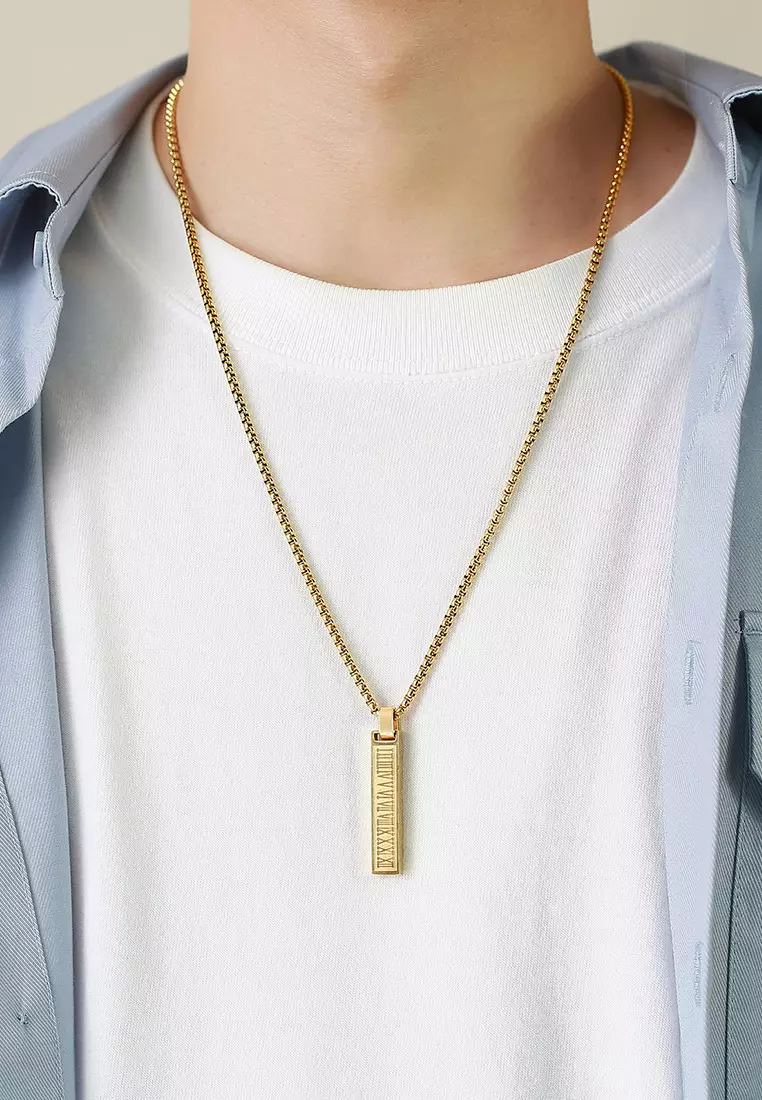 Titanium Steel Rectangular Bar Roman Numerals Pendant Necklace JW QX-1490