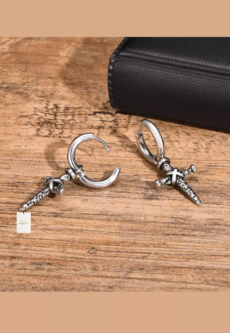 HAPPY FRIDAYS Unisex Titanium Steel Drop Nail Cross Hoop