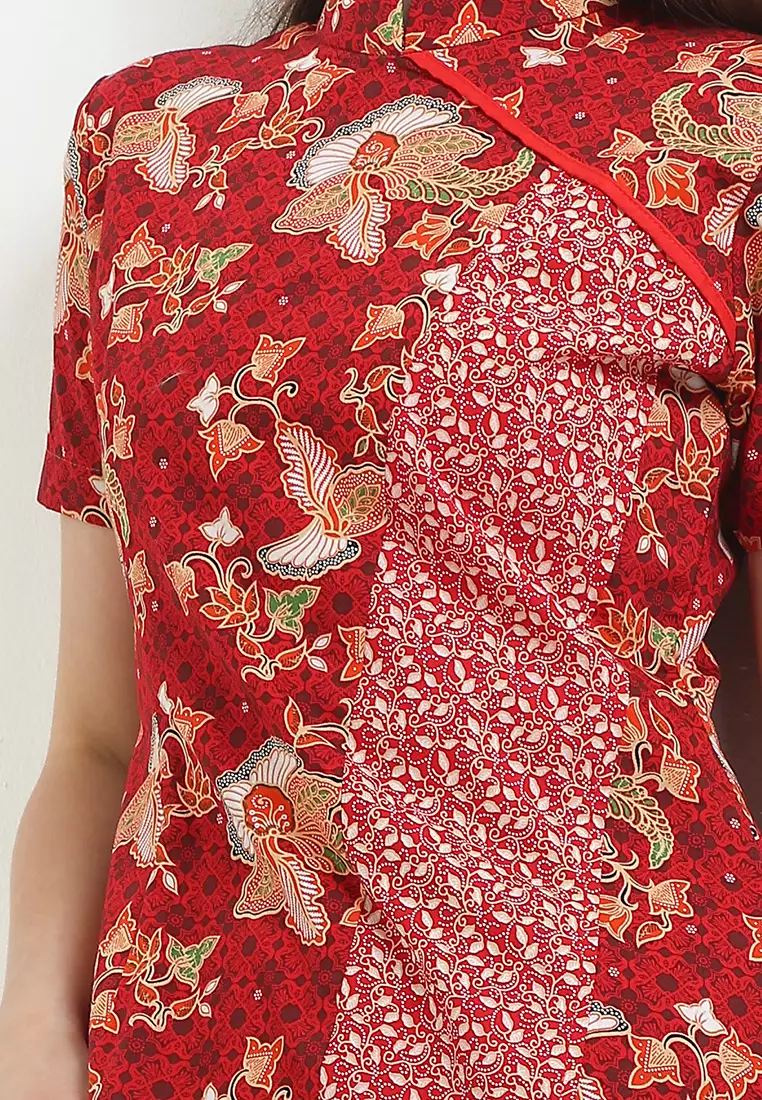 Dress Batik Wanita Furing Rui Merah Maroon Lengan Pendek Natal Imlek Cheongsam Bodyfit