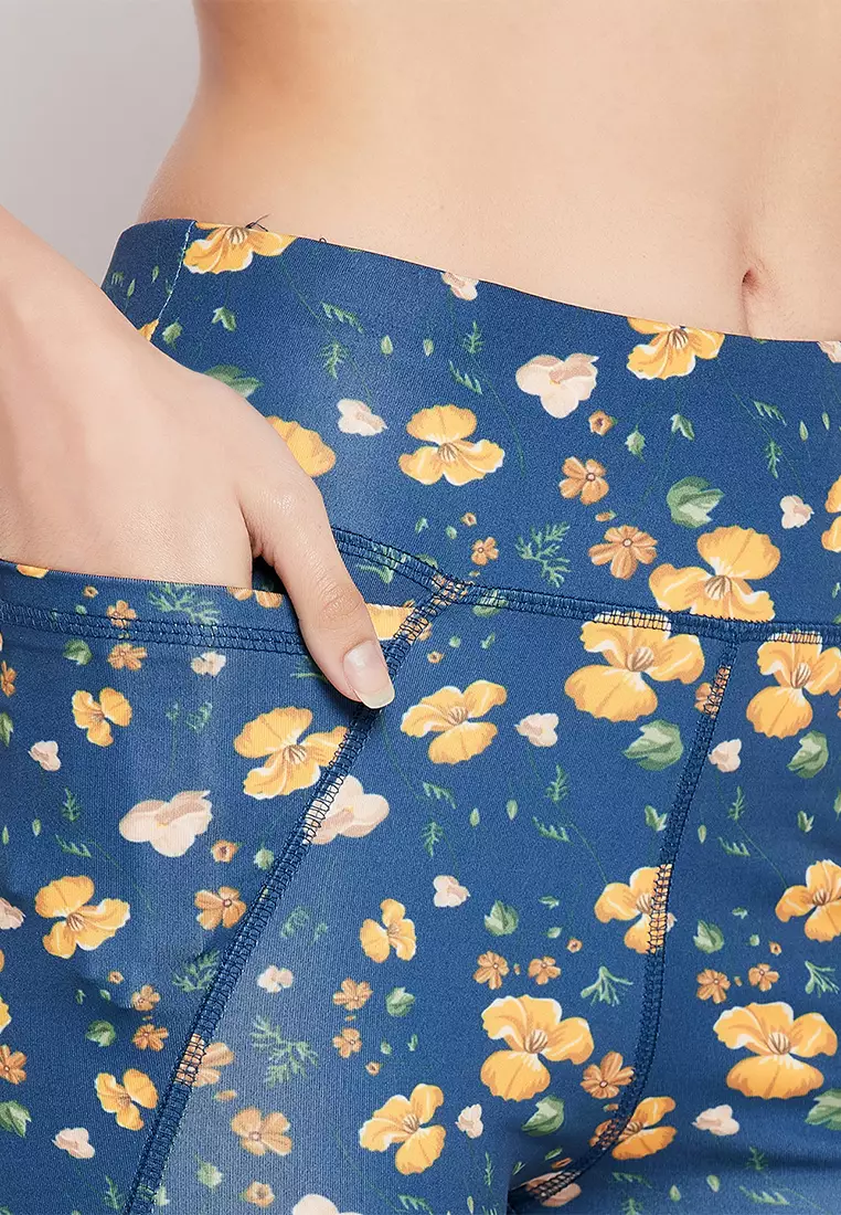 Clovia High-Rise Floral Print Active Tights in Navy with Side Pocket