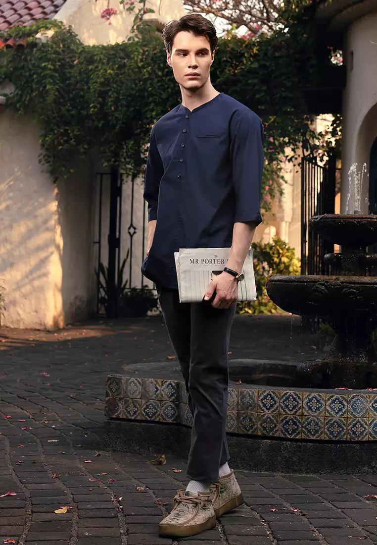 OXCON kemeja Vneck Henley Collarless shirt Navy Blue