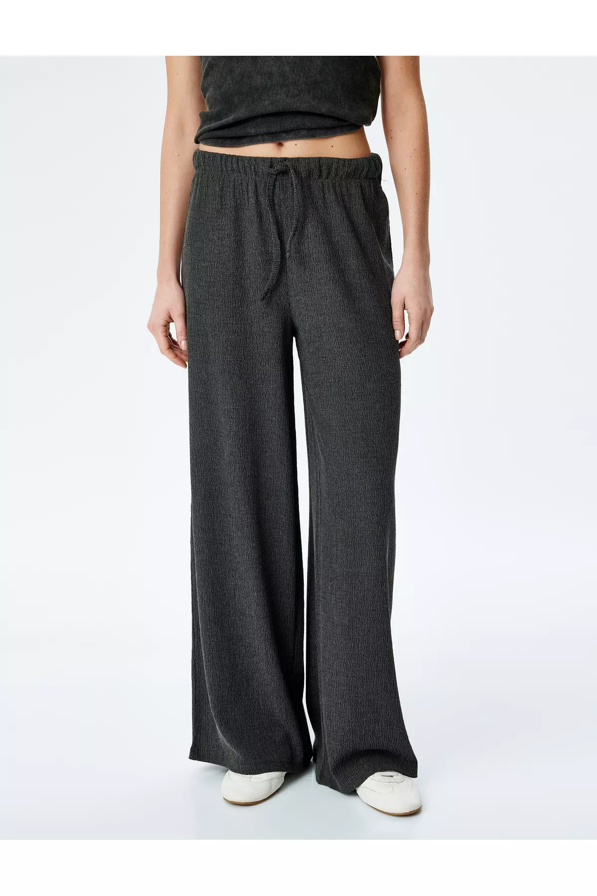 Comfortable Fit Textured Straight Wide Leg Trousers