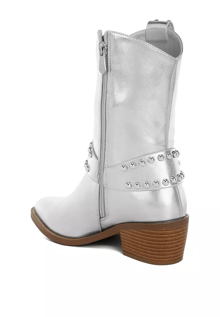 Studded Harness Detail Boots in Silver