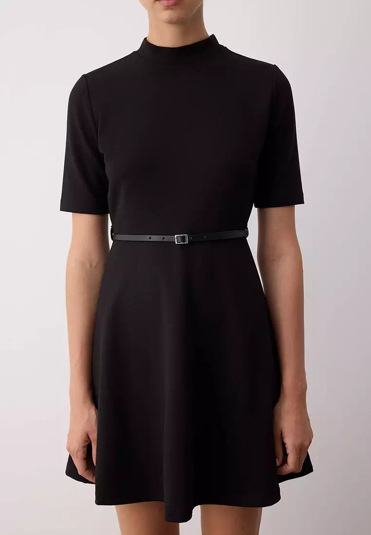Black Stand Collar Three Quarter Sleeve Skater/Waist Open Mini Knit Dress