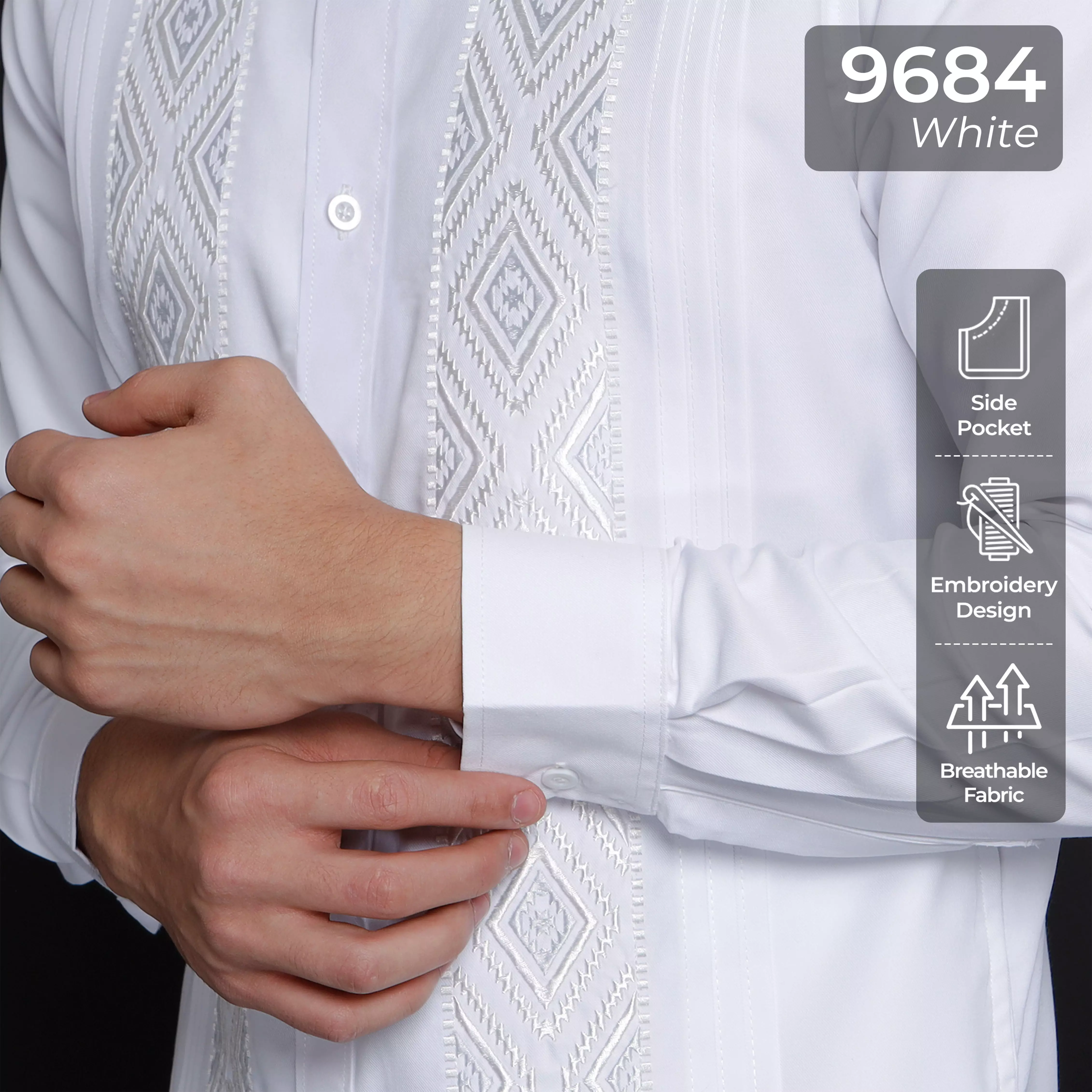 Casella Baju Koko Pria Lengan Panjang Pleats Embroidery | Baju Koko Putih Lengan Panjang 9684 White