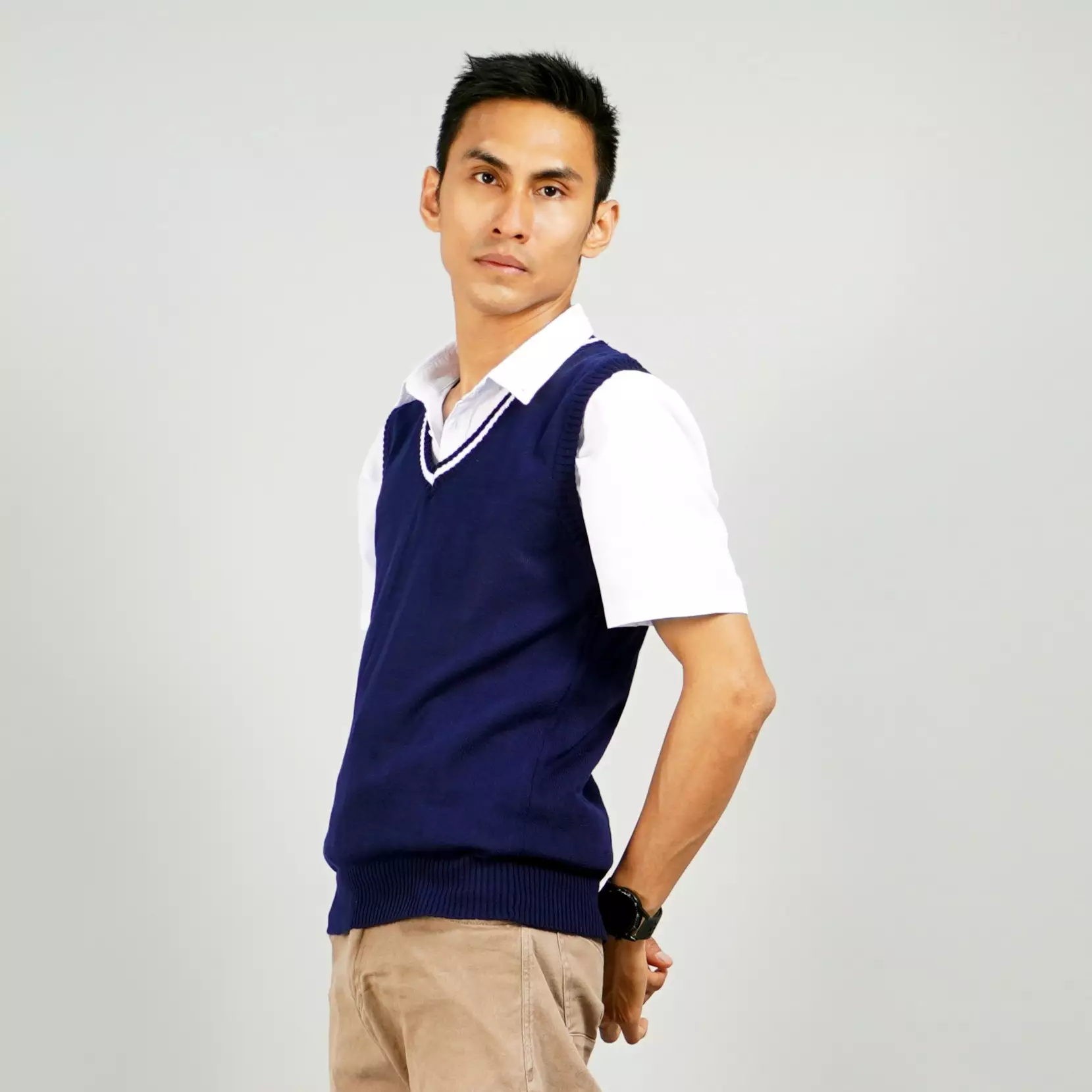 VIJAY Knit Vest Rompi Rajut Rompi Pria Navy Rompi List Leher Rompi Seragam - NAVY