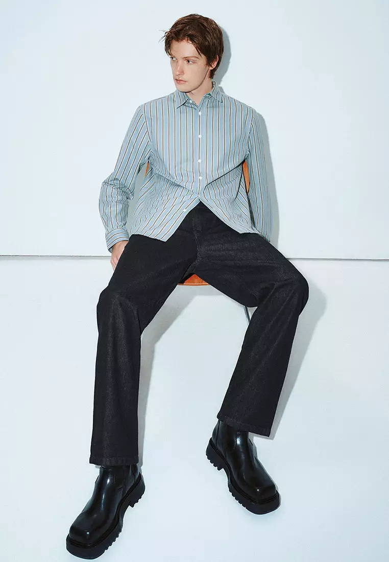 UR冬季新款男时尚休闲轻通勤条纹长袖开襟衬衫UMF240092