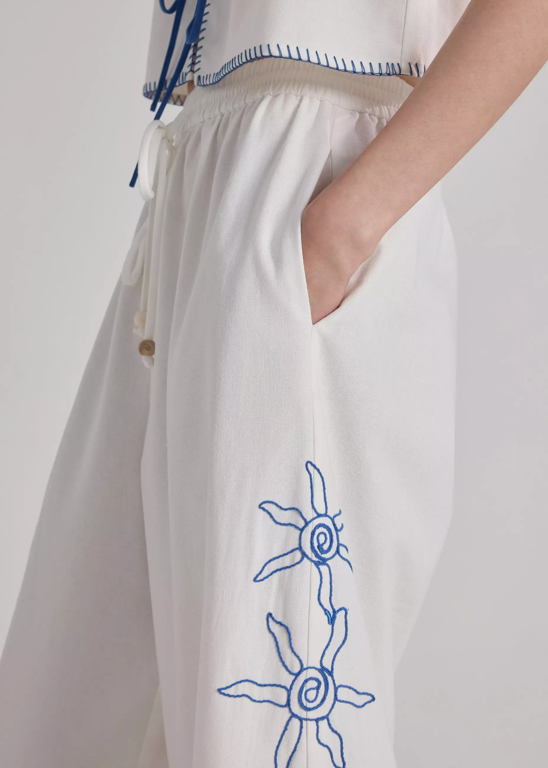 Celana Panjang Wanita - Wide Leg Drawstring Pants in Coastal Charm Embroidery