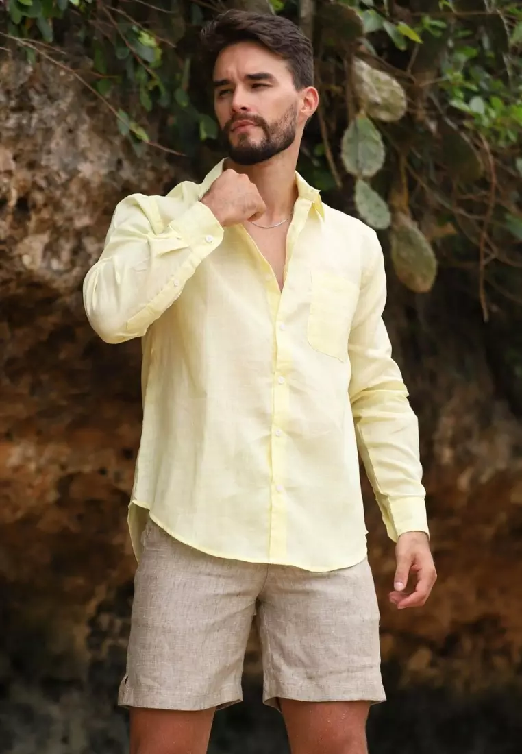 Tropical Kemeja Linen Lengan Panjang Pria Kuning | Linen Long Sleeve Shirt Men Yellow