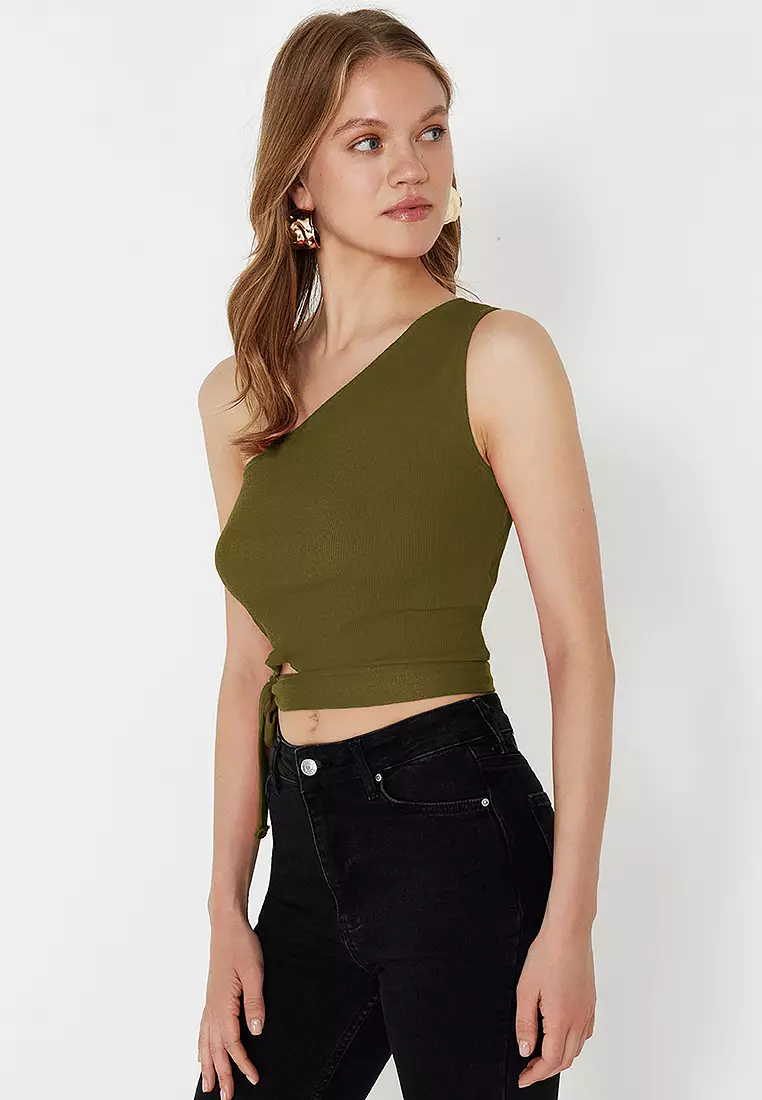 Oil Green One Shoulder Fitted Tie Detail Ribbed Knitted Blouse