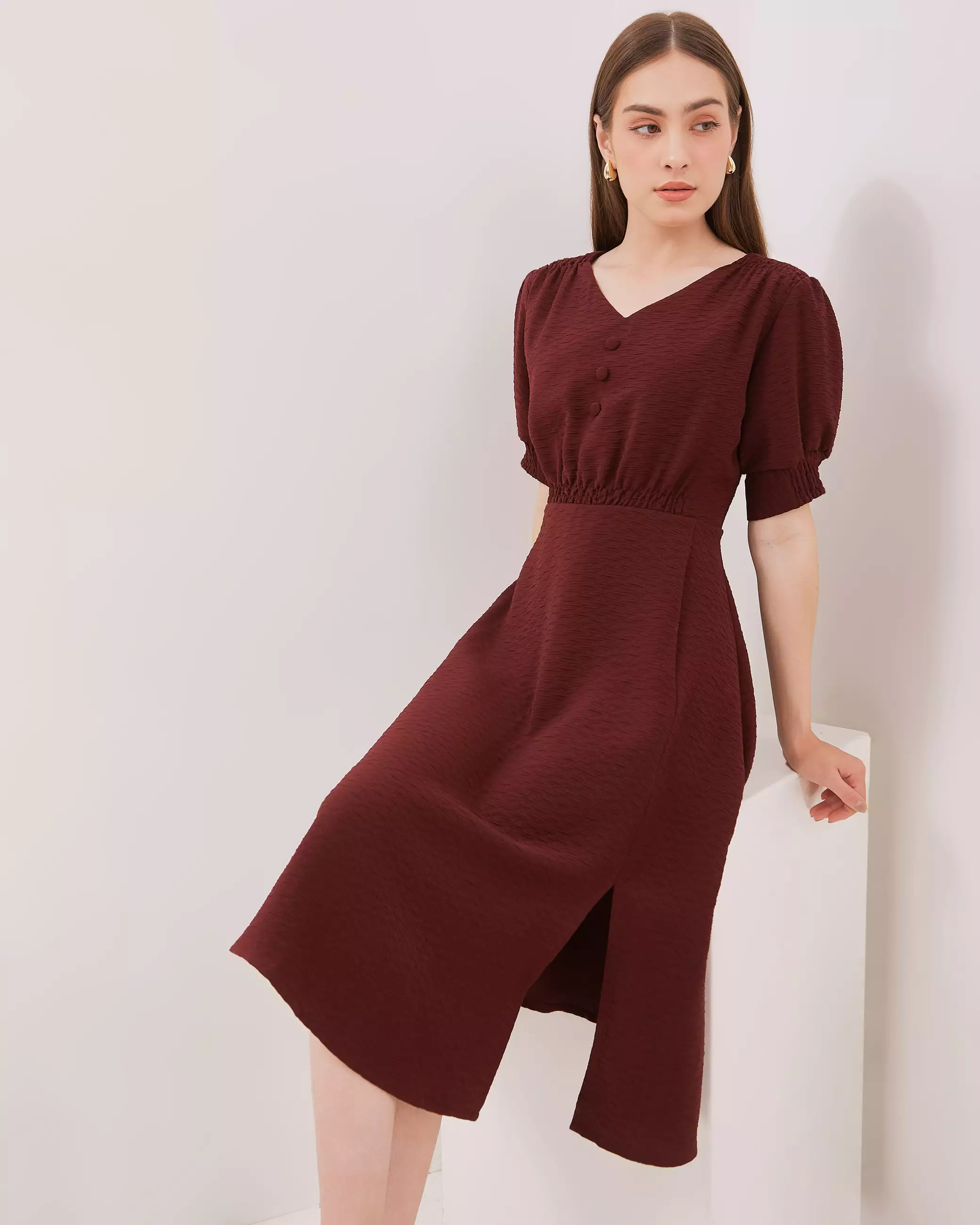 Urban Exchange Estella Midi Dress Maroon Warna Merah
