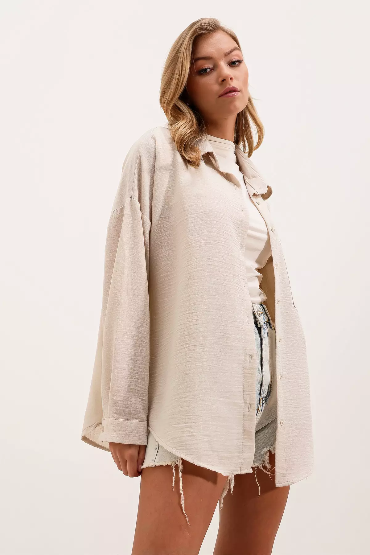 Oversize Fit Open Collar Linen Look Shirt