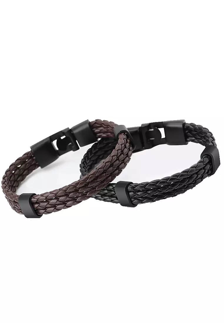 YOUNIQ Titanium Steel Full Brown Genuine Leather Bracelet for Men