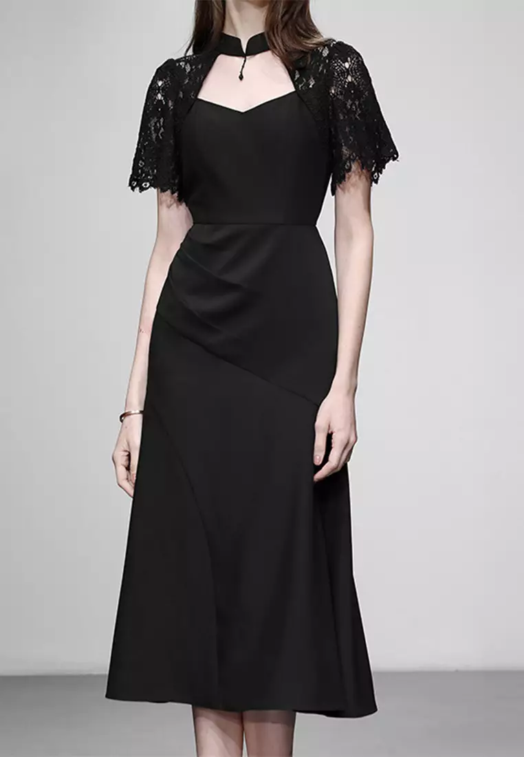 Sunnydaysweety 2024 new standing collar cheongsam design lace dress ...