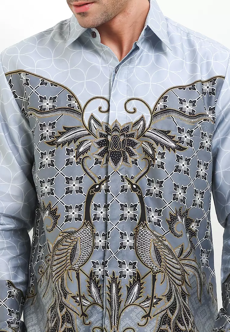 Kemeja Lengan Panjang Pria Reguler Fit Full Furing Rianty Aswangga Grey Katun Satin