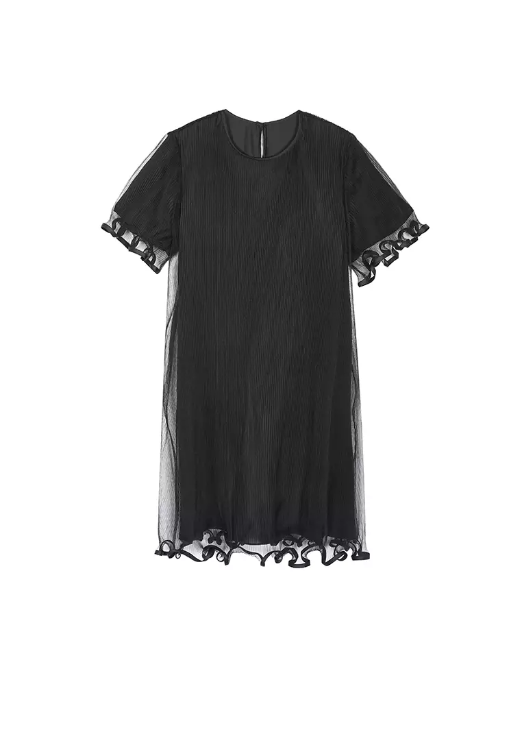 【轻礼服】混纺网纱A型压褶短袖连衣裙