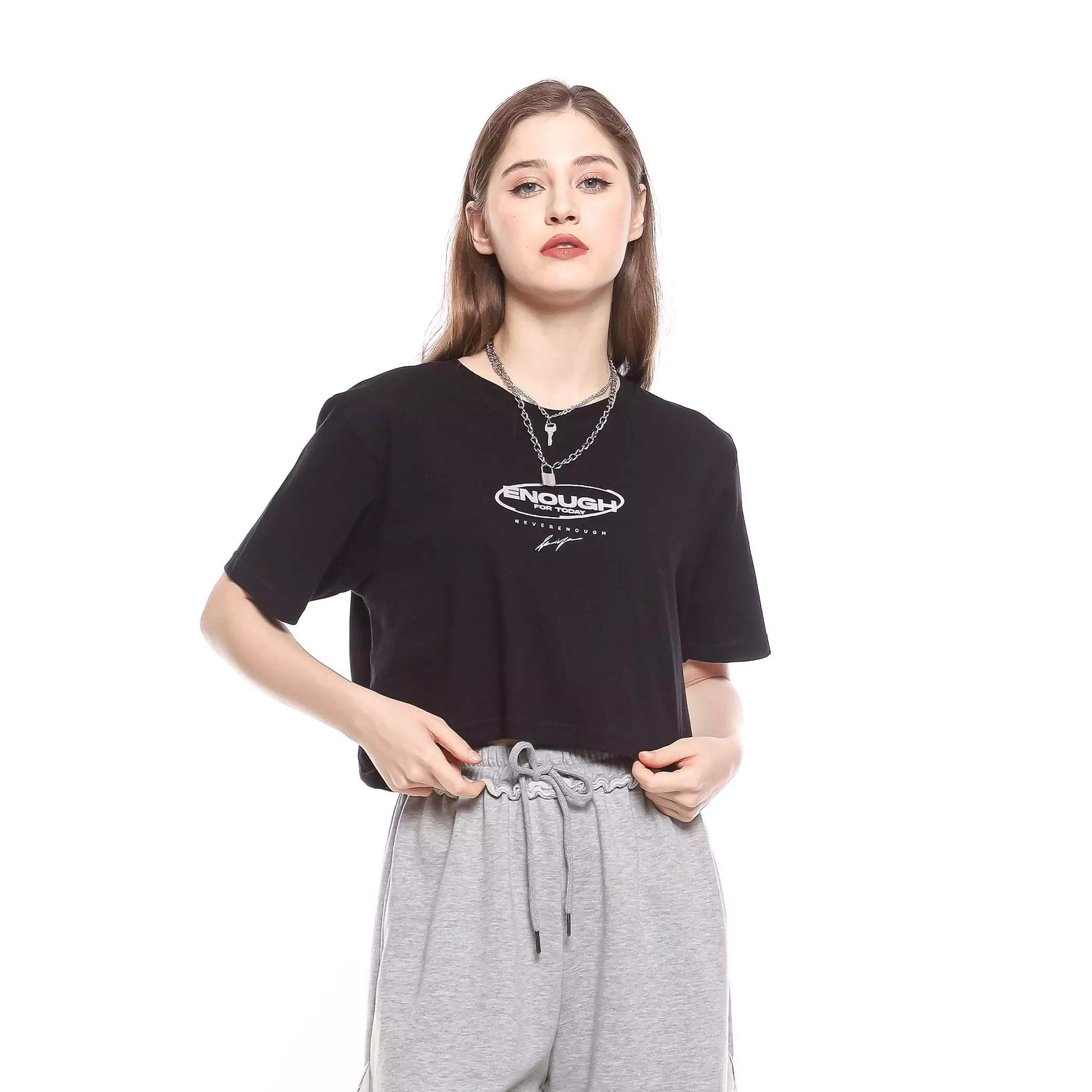 Enough For Today – Kaos Crop Oversize Wanita Hitam Y2K Silverykuiy | T-Shirt Foil Silver Cotton Combed 30s