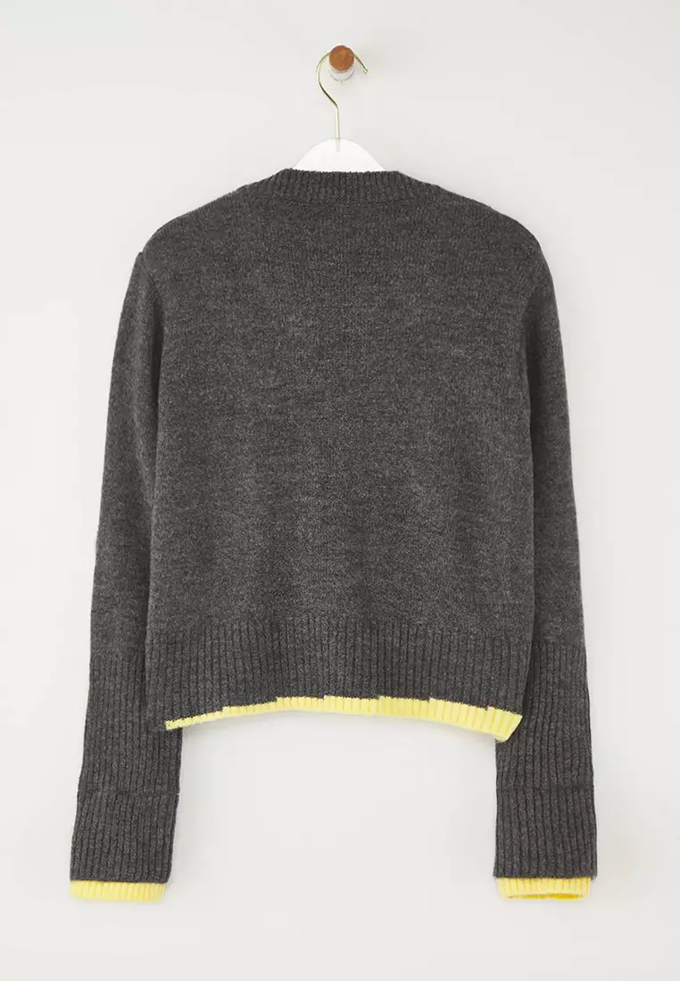 Gray Crop Block V Neck Soft Textured Knitwear Cardigan
