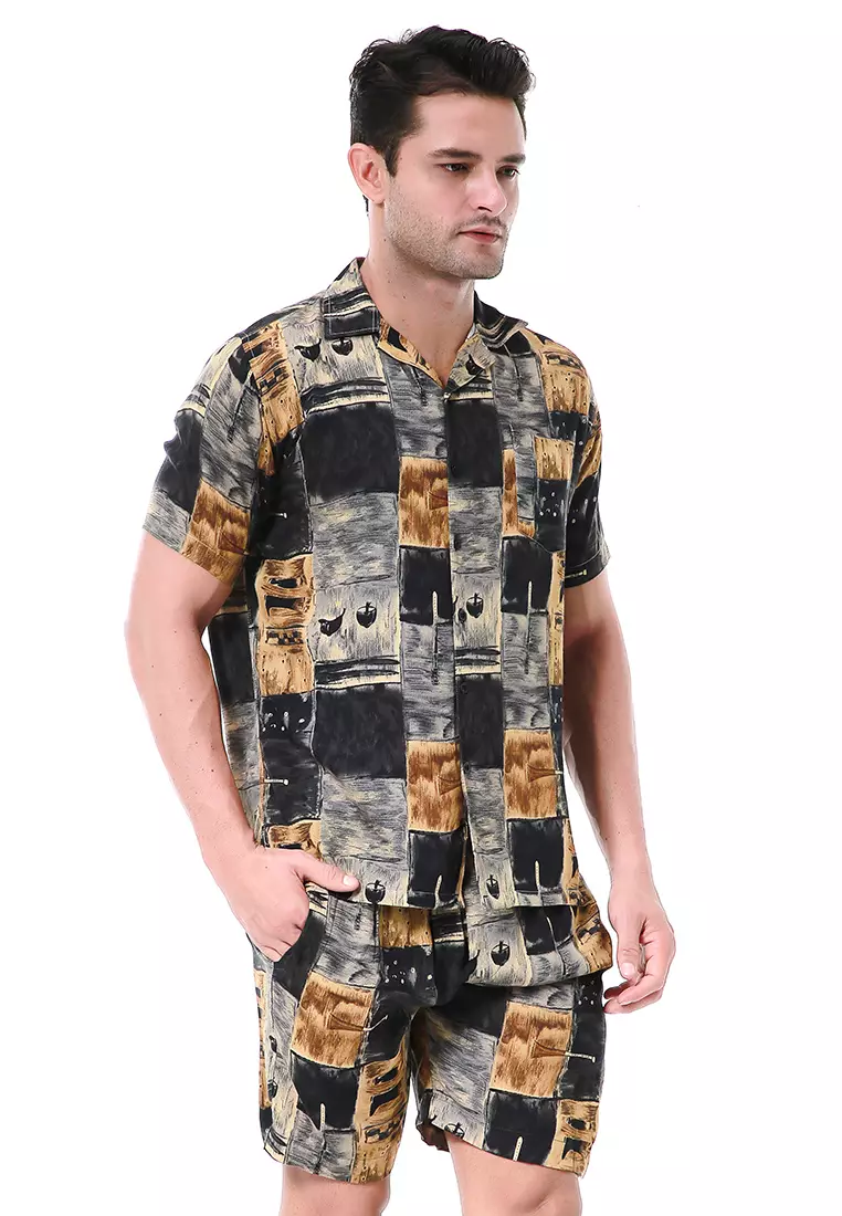 Deon Piyama Pria Kemeja One Set Lengan Pendek AbstrackDZ Motive Material Rayon ORIGINAL - Black Brown