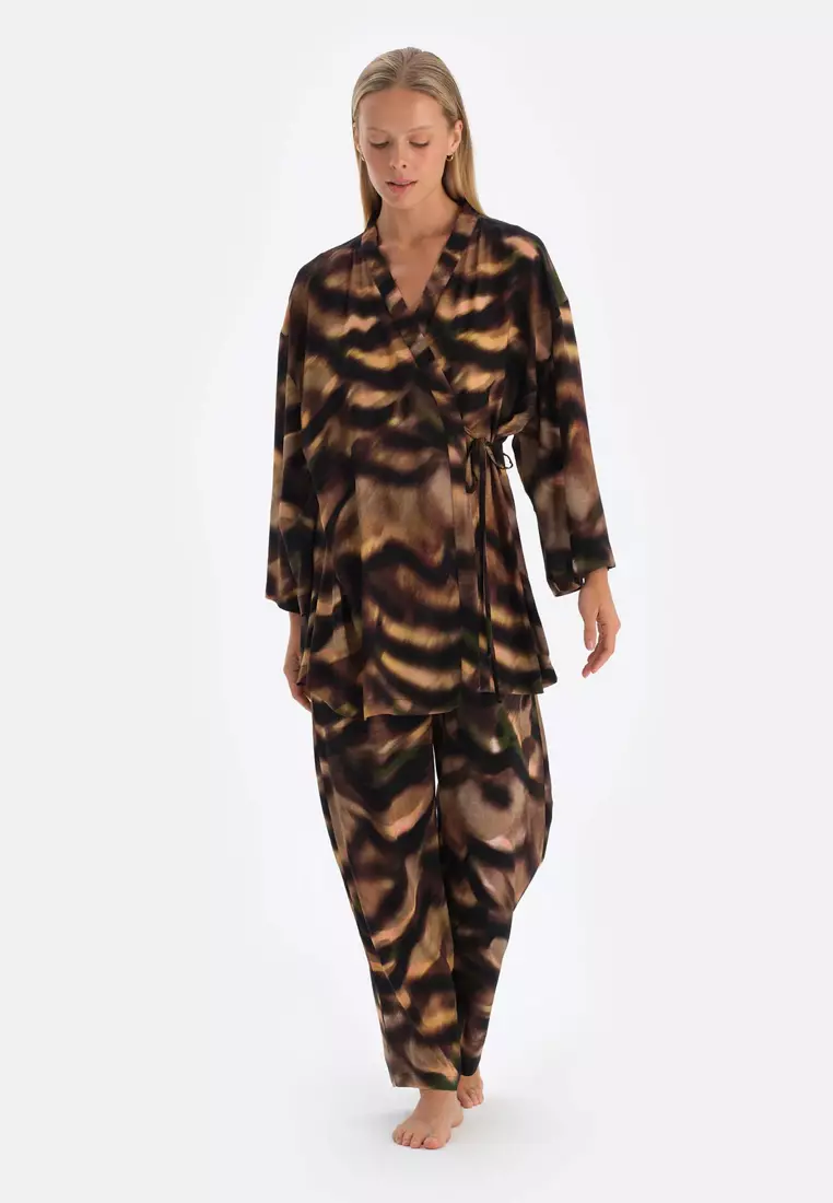 Brown Trousers, Degrade Print, Regular, Long Leg, Sleepwear for Women
