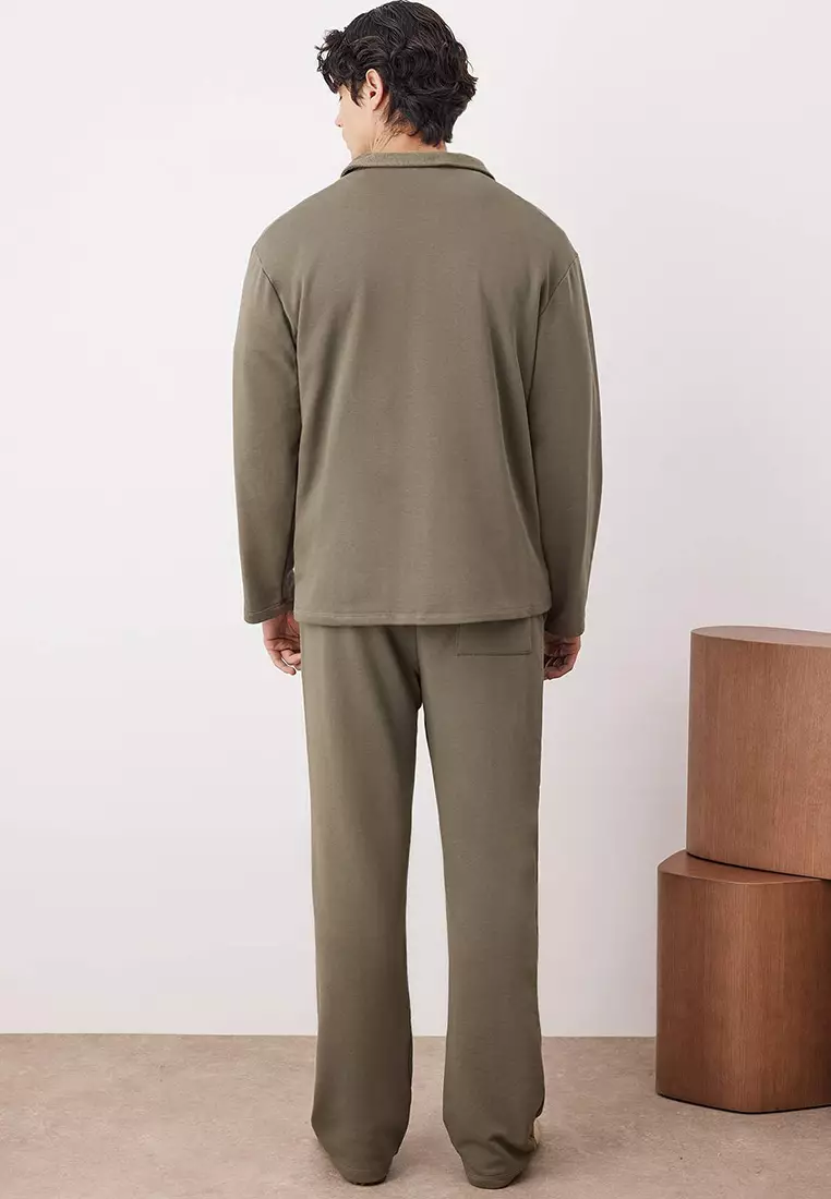 Khaki Top Oversize Bottom Straight Polo Collar Thick Tracksuit