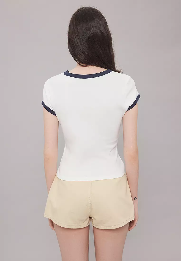 Ecru Slogan Print Color Block Fitted Knitted T-Shirt