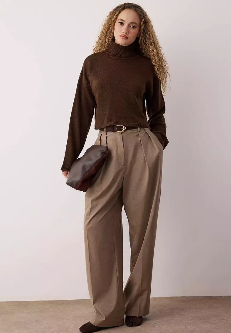 Brown Wardrobe Essentials Wide Pattern Soft Texture Crop/Short Knit Sweater