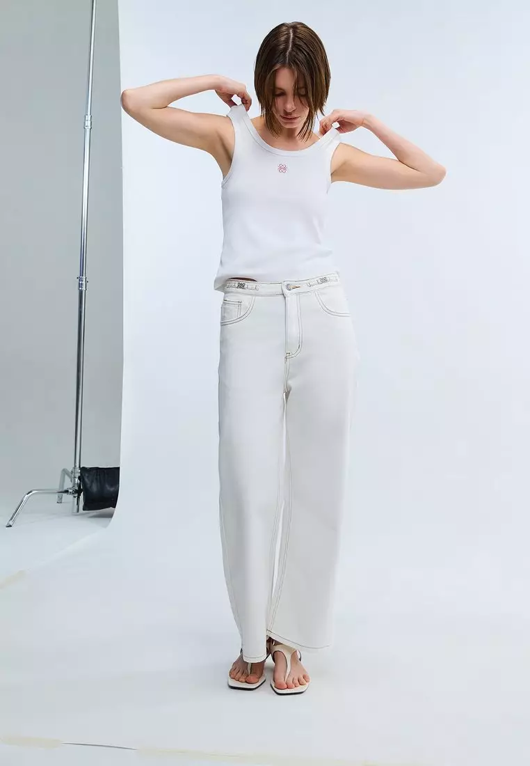 Ribbed Scoop Neck Tank Top - White