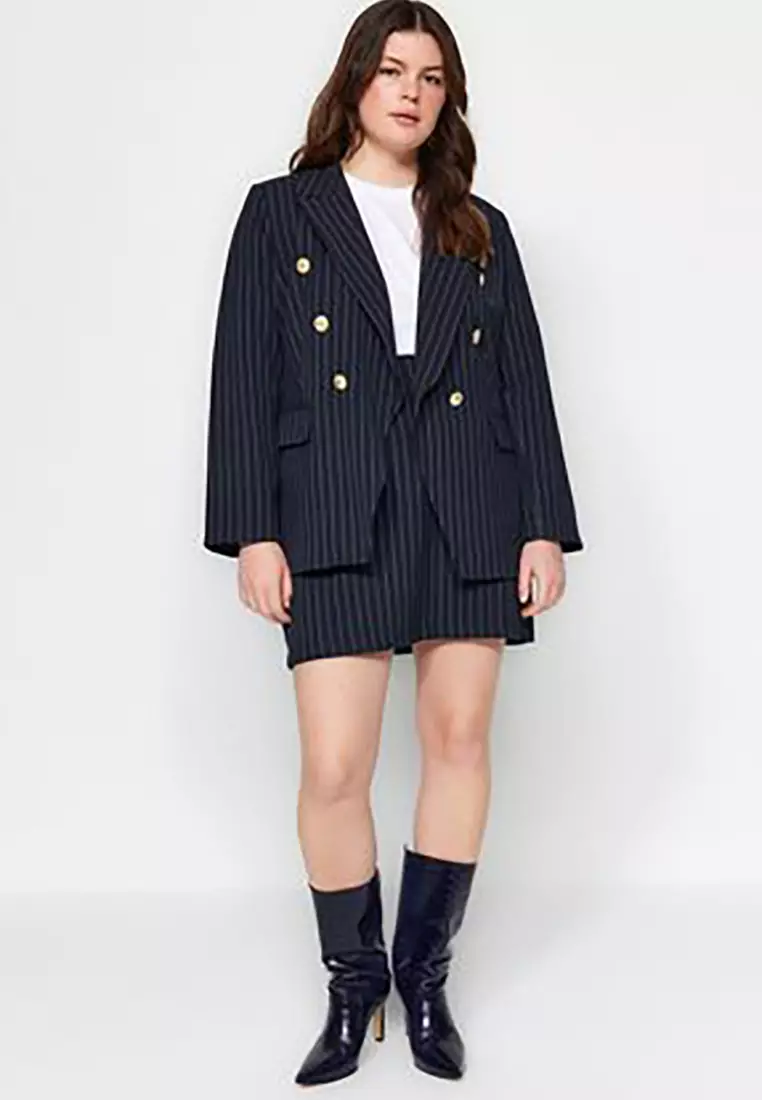 Navy Blue Striped Gold Buttoned Woven Jacket TBBAW24AG00027