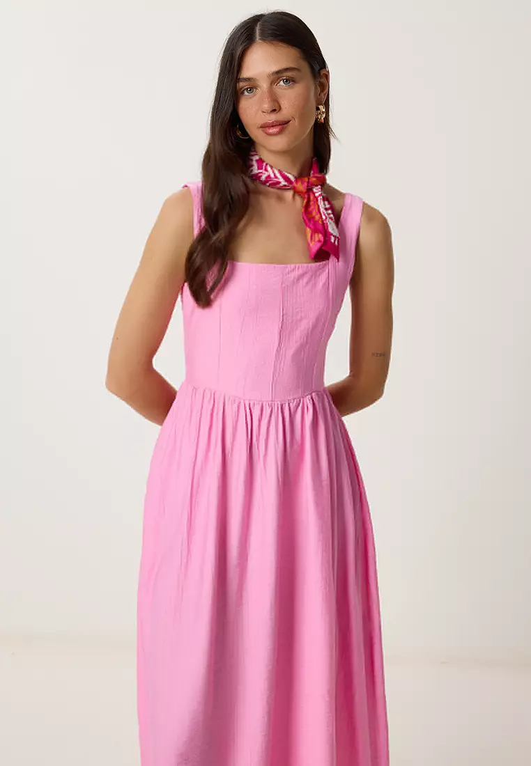 Women's Pink Wrinkle Effect Flared Woven Dress Ub00339