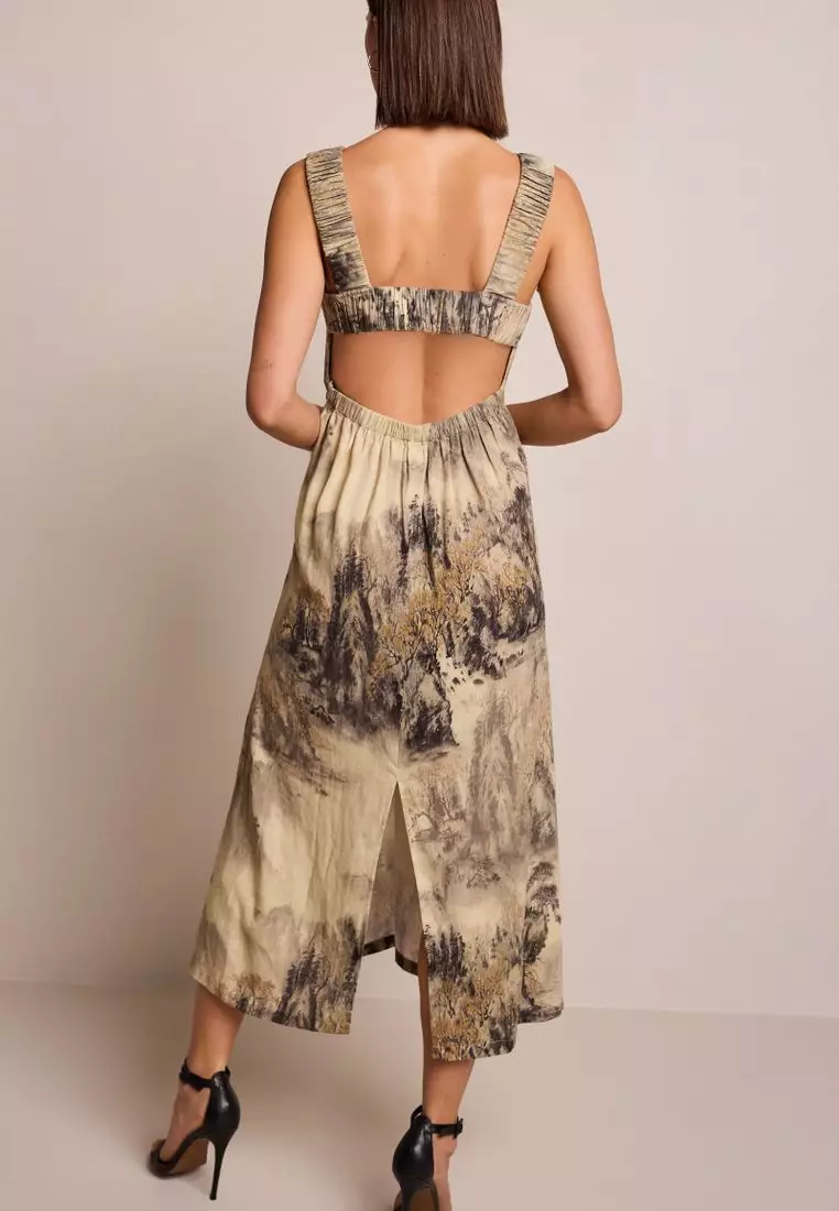 Linen Blend V-Neck Midi Dress