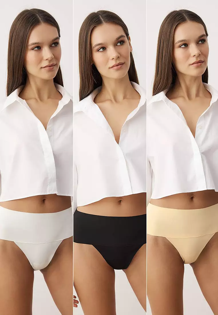 Black-White-Skin 3-Pack Seamless/Non-Trace Laser Cut Micro Knitted Thong Panties