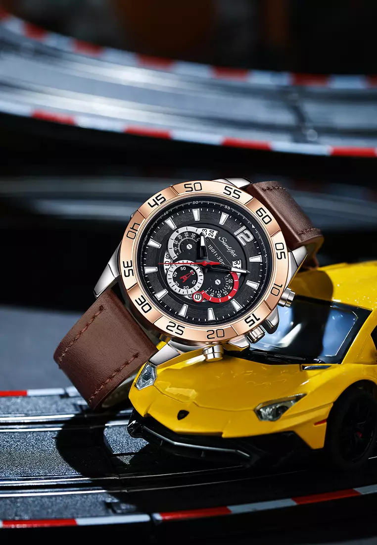 Jam Tangan Pria 9191 Original Kalendar Tali Kulit Anti Air Bercahaya Kuarsa Jam Tangan Cowok brownblack