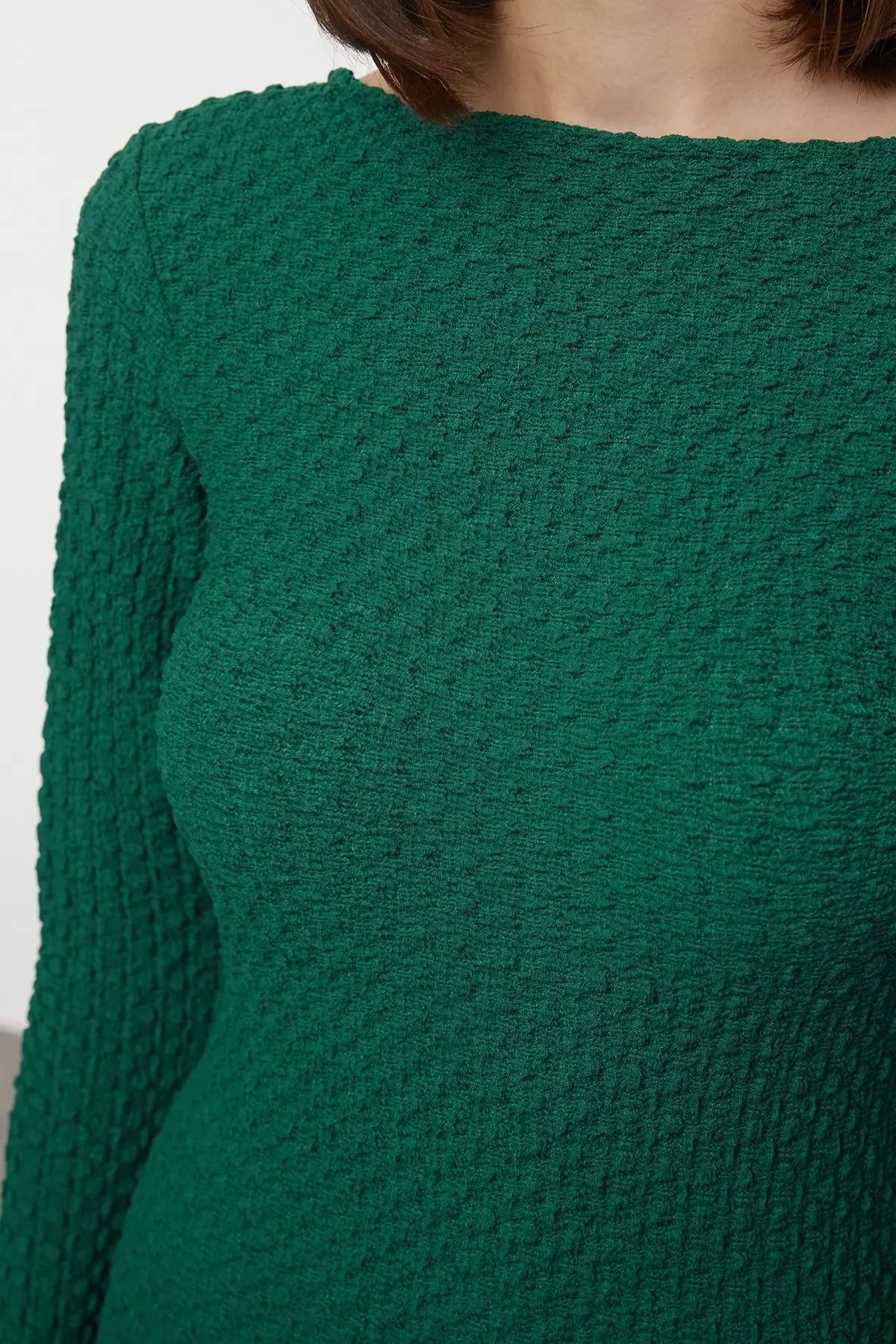 Emerald Green Plain Textured Fitted Maxi Knitted Dress TWOAW25EL00097