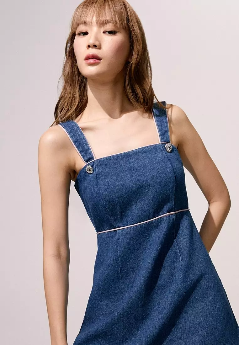 Heart-Shaped Button Detail Denim Mini Dress - Blue