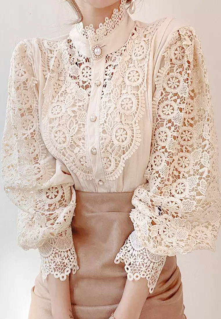 VANSA Lace Cutout Long Sleeve Shirt VCW-Bs1880