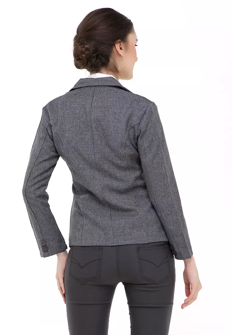 Qemsya Jas Blazer Wanita Two Pockets Two Button Formal Longsleeve Suit Material Polyester ORIGINAL - Gray