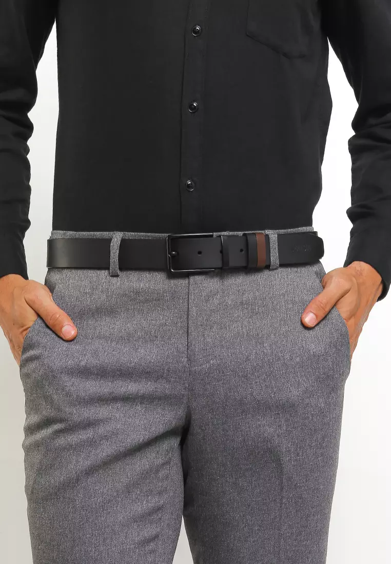 Black Slim Square Pin Buckle Reversible Top Grain Leather Belt