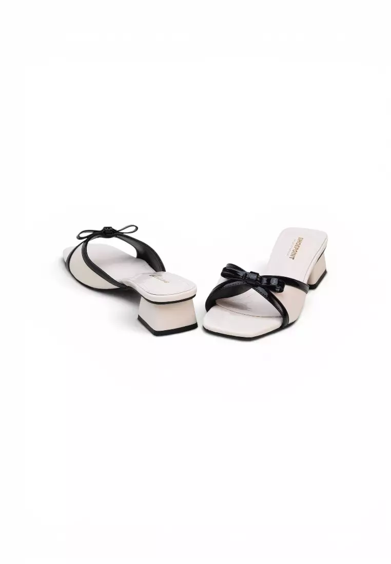 Serella Mina Bow Slide Comfy Slip on 4.5cm Low Block Heels 54139 In Black Nude