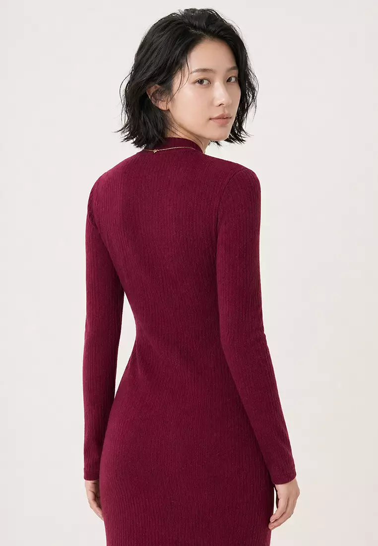 Crew Neck Long Sleeve Interlock Fabric Midi Length Dress