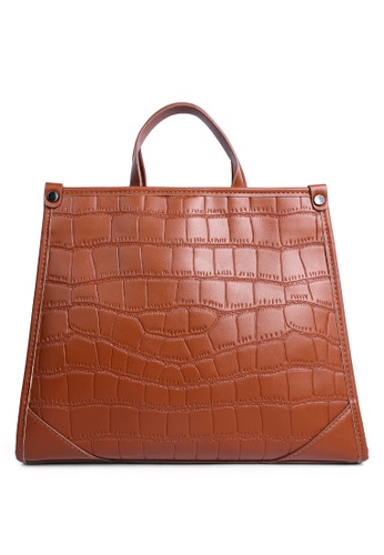 London Rag brown Croco Faux Leather Hand Bag in Brown 708D6AC8E2F966GS_1