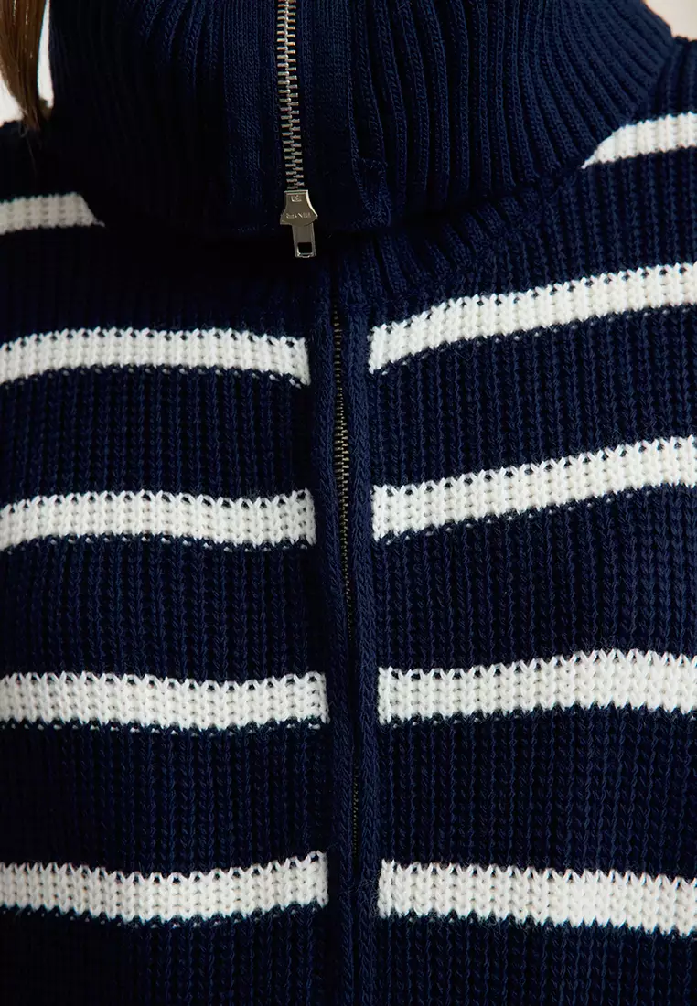 Navy Blue*001 Striped Wide Pattern Turn-Down Collar Zippered Knitwear Cardigan