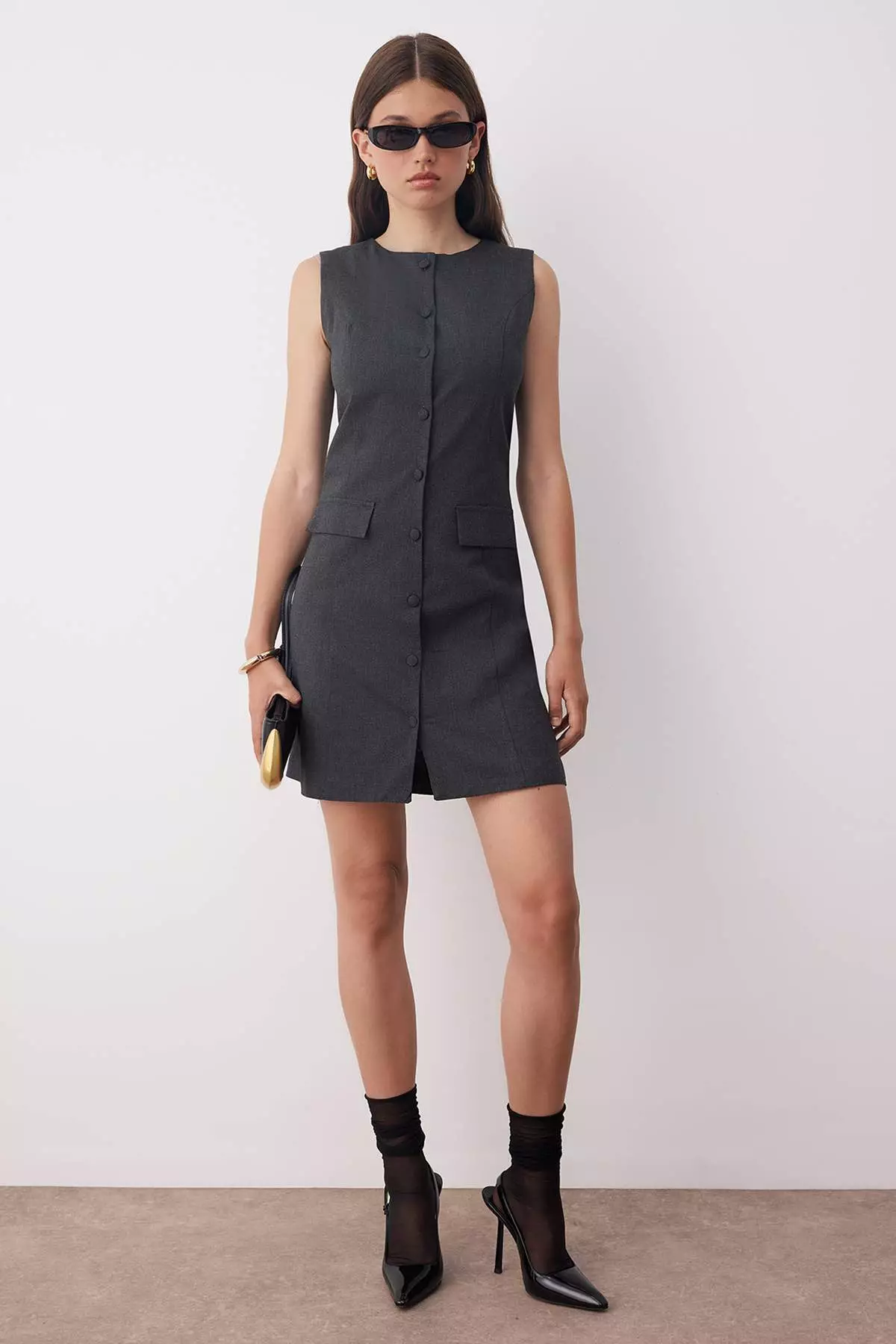 Anthracite Plain Short / Mini Woven Dress