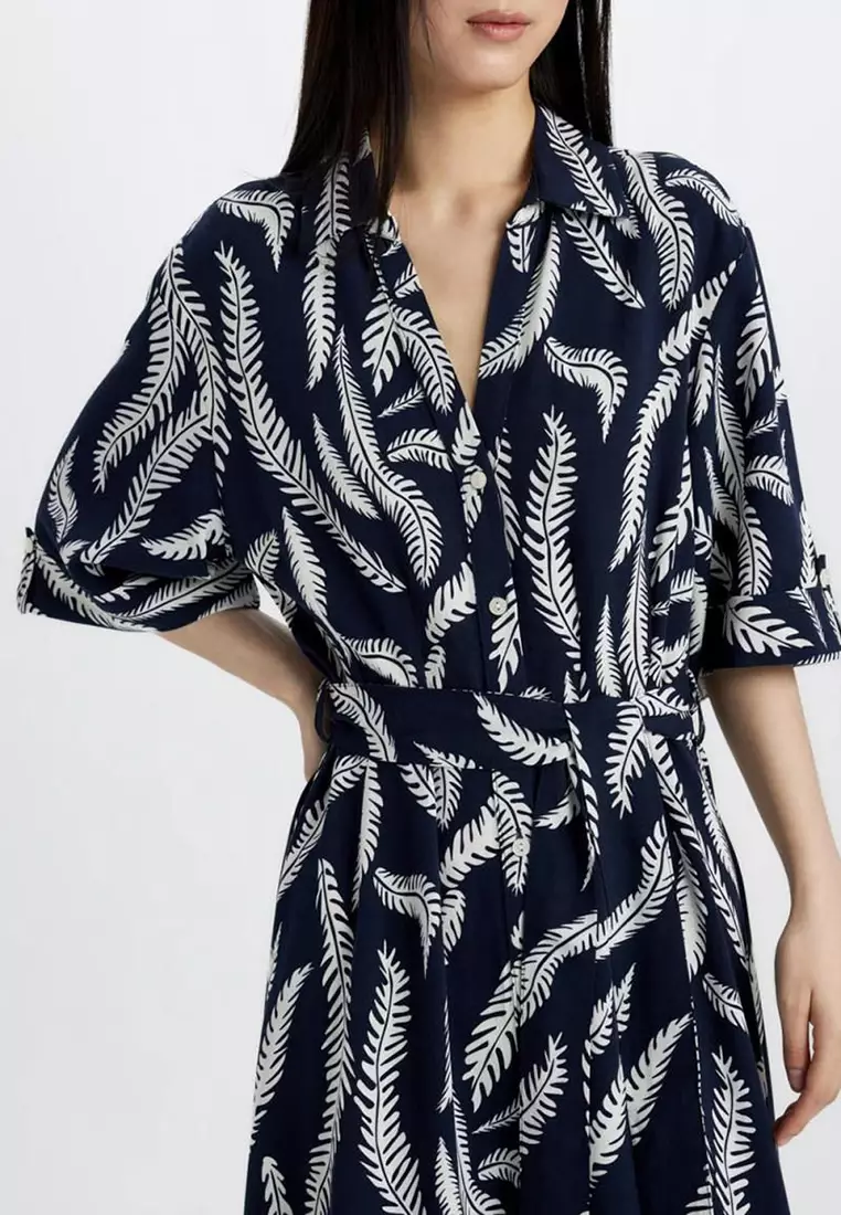 Shirt Collar Patterned Linen Blend Half Sleeve Midi Dress