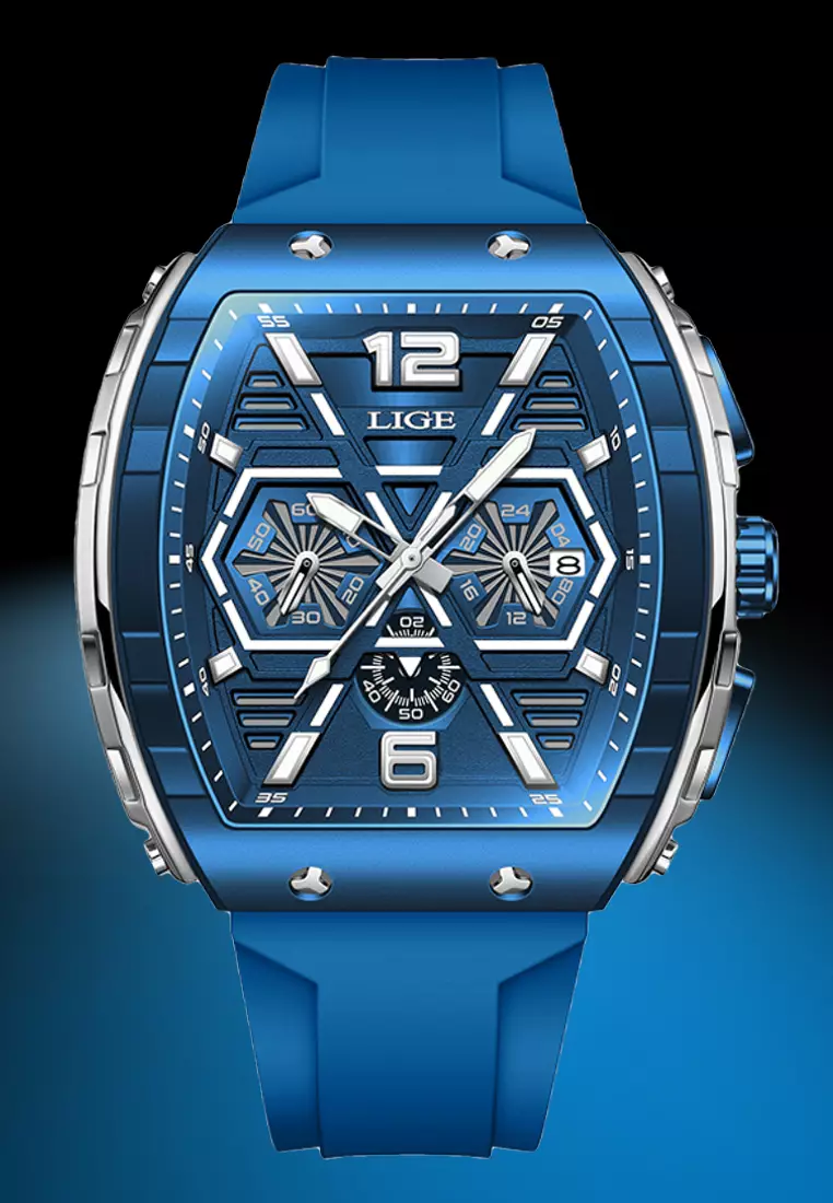 Unisex Tonneau Shaped IP Blue Quartz Watch on Rubber Strap