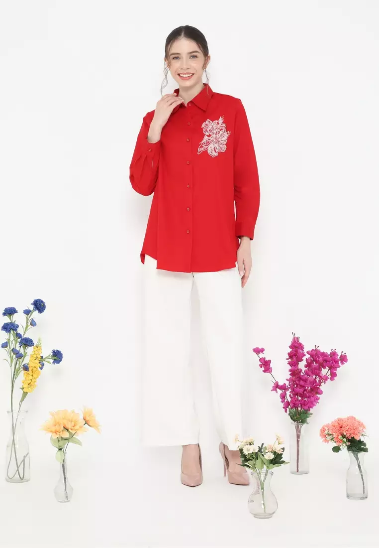 Red embroidered shirt for Independence Day By Brilliant Girl Warna MERAH
